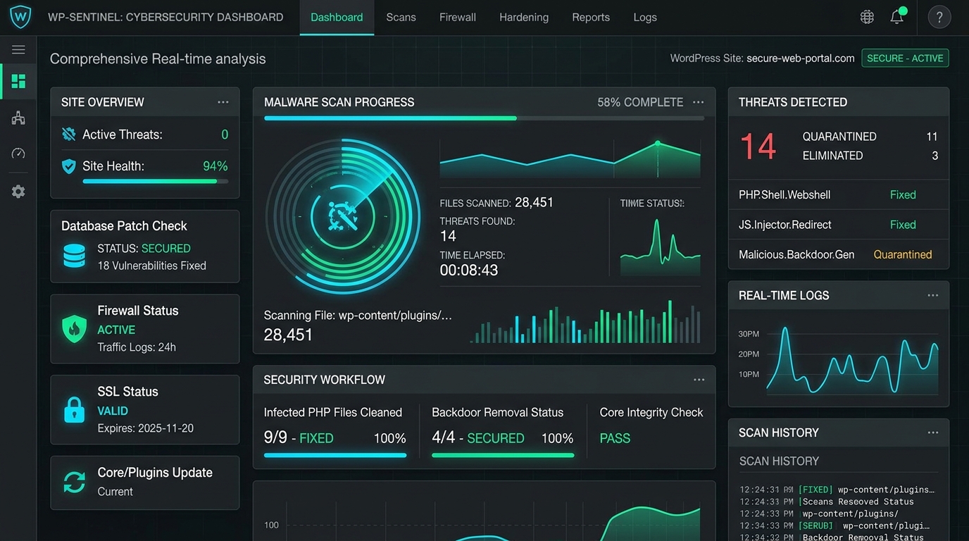 WordPress Malware Removal & Security Hardening Live Scan Work Dashboard